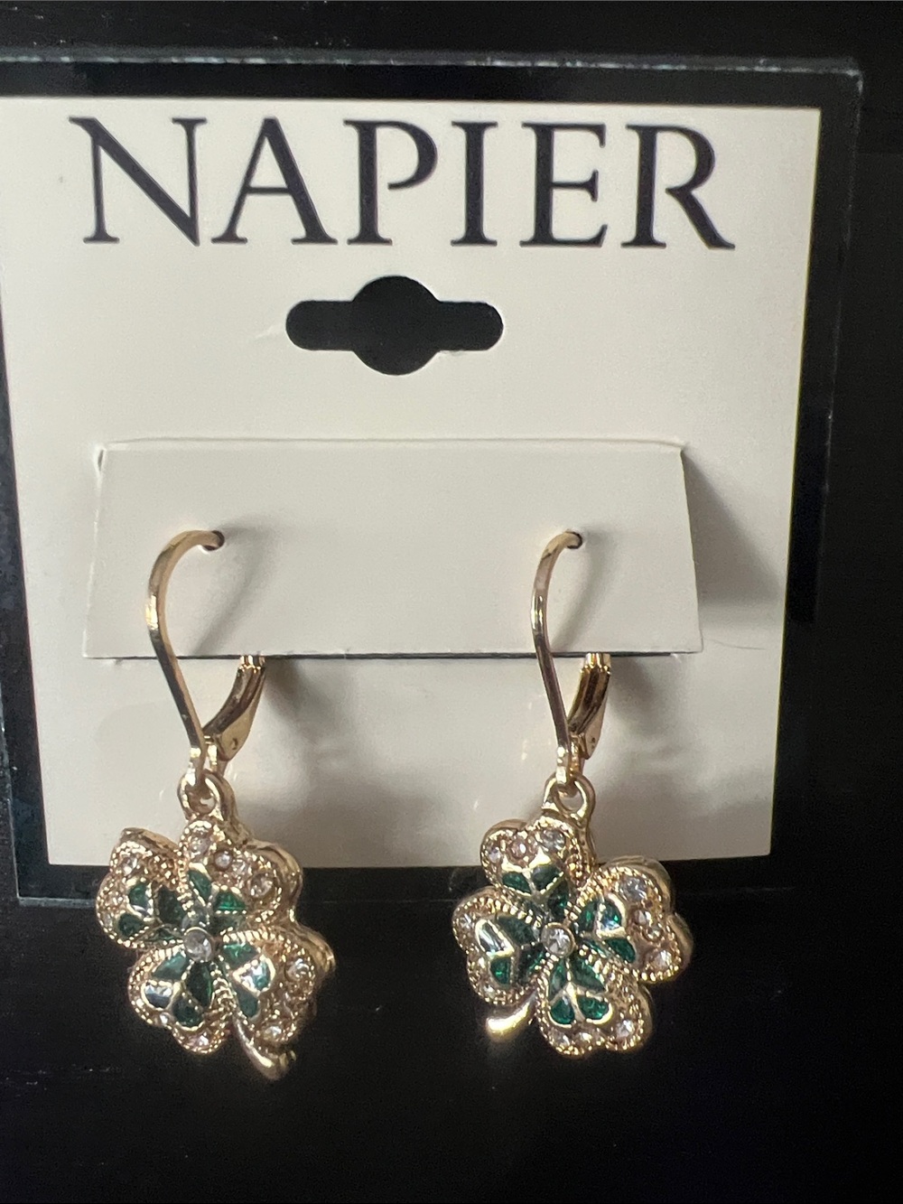 NEW Napier Gold-Tone Green Enamel Clover Drop Earrings 🍀